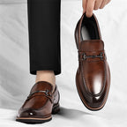 Distinctive iron buckle premium brown leather slip-on dress shoes for sophisticated formal or business wear by Jack Dean. 