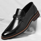 Distinctive iron buckle premium black leather slip-on dress shoes for sophisticated formal or business wear by Jack Dean. 