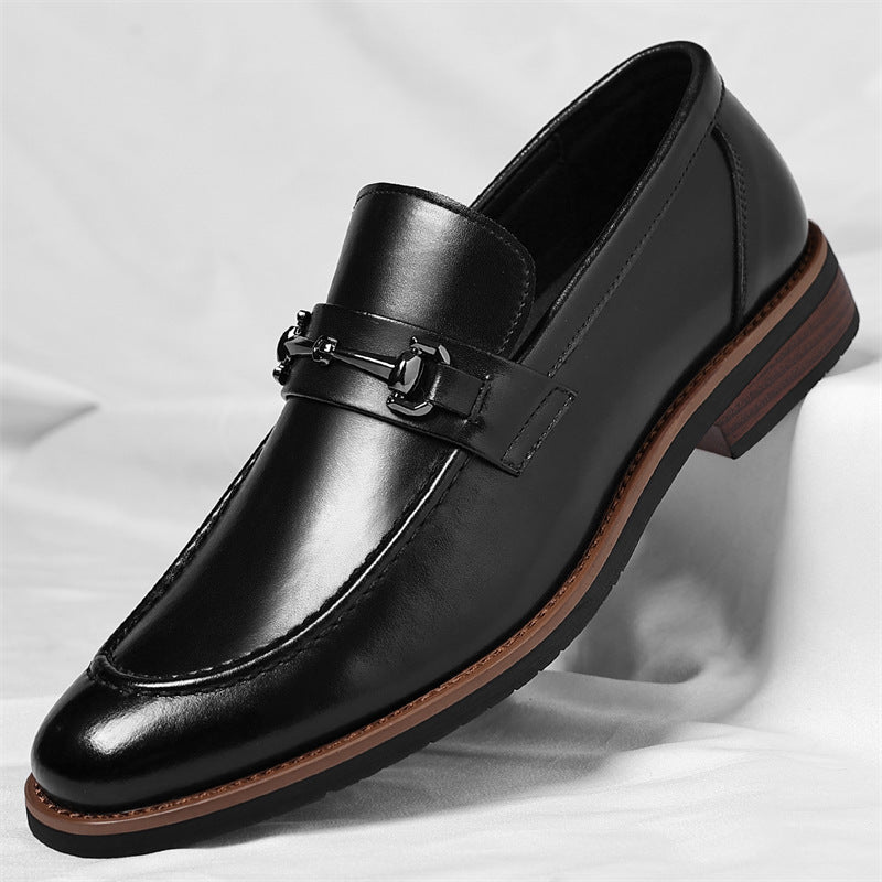 Distinctive iron buckle premium black leather slip-on dress shoes for sophisticated formal or business wear by Jack Dean. 